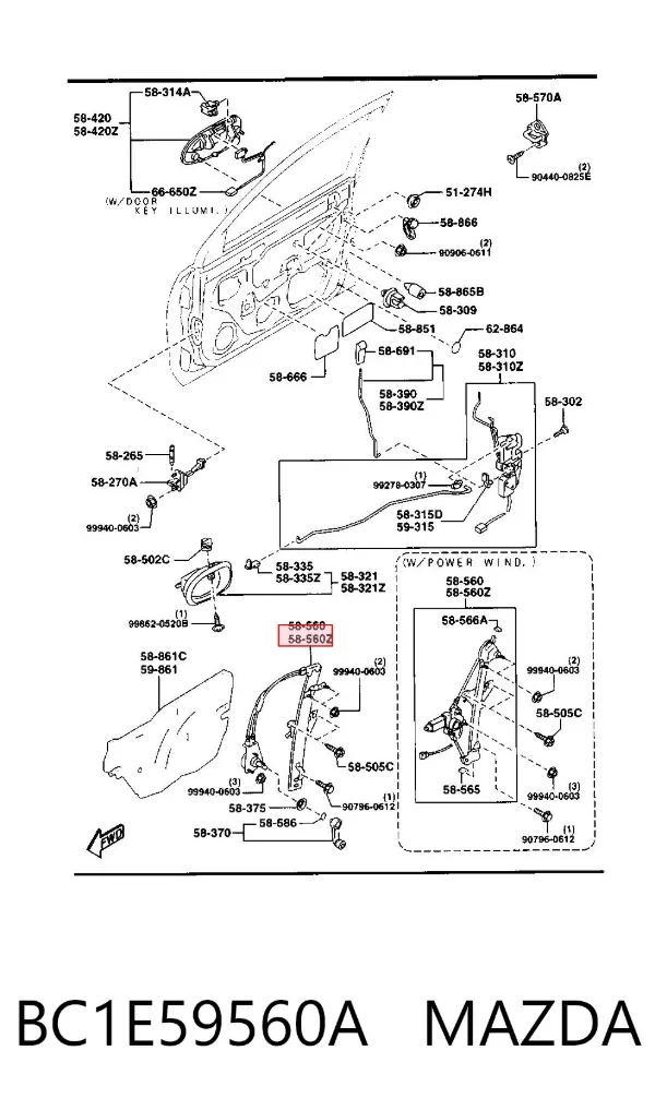 Склопідйомник передньої лівої двері BC1E59560A Mazda