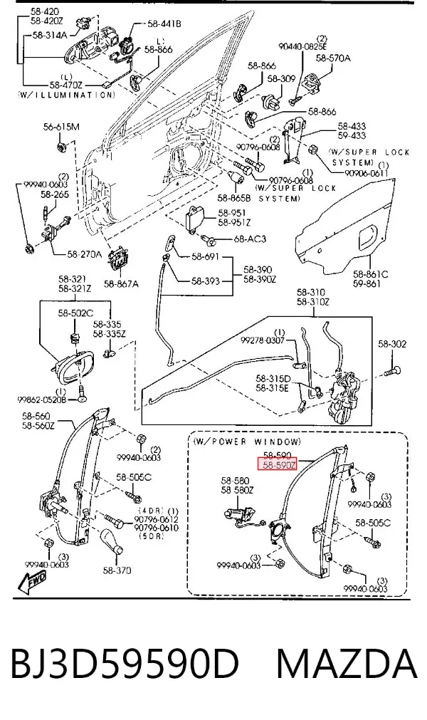 Склопідйомник передньої лівої двері BJ3D59590D Mazda