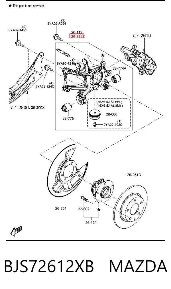Цапфа - поворотний кулак задній, лівий BJS72612XB Mazda