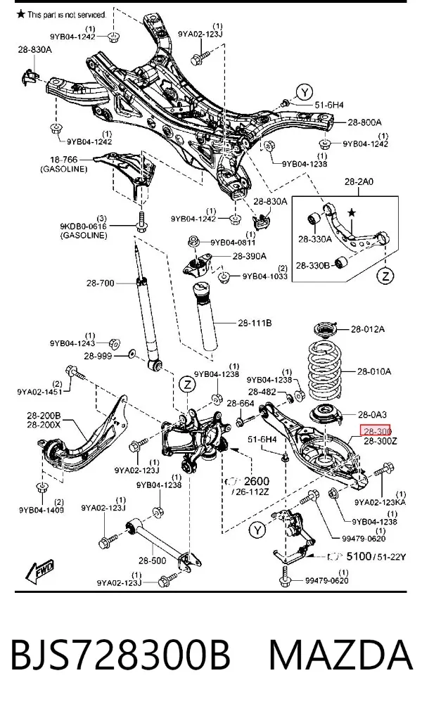 Важіль задньої підвіски нижній, правий BJS728300B Mazda
