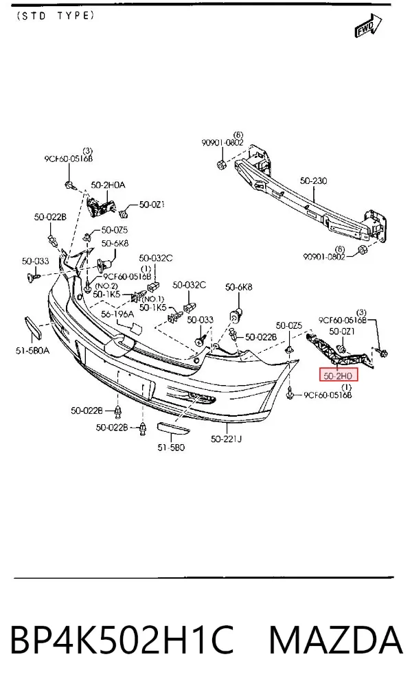 Кронштейн бампера заднього, правий BP4K502H1C Mazda