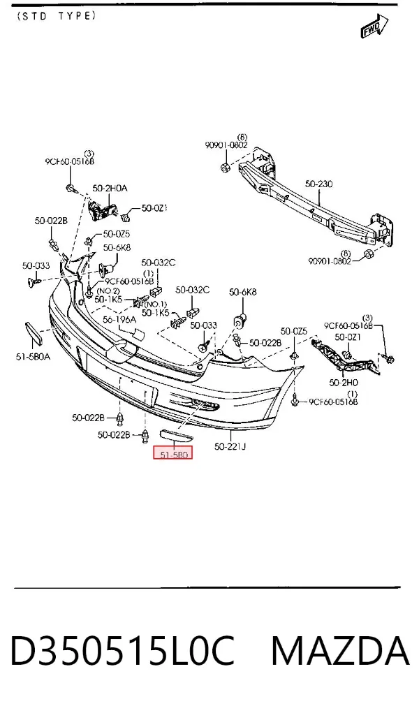 Катафот (відбивач) заднього бампера, правий D350515L0C Mazda