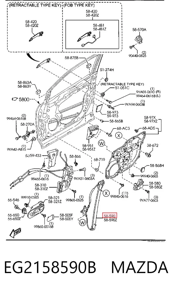 Механізм склопідіймача двері передньої, правої EG2158590B Mazda