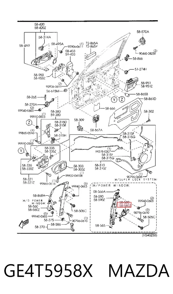 Двигун склопідіймача двері передньої, лівої GE4T5958X Mazda