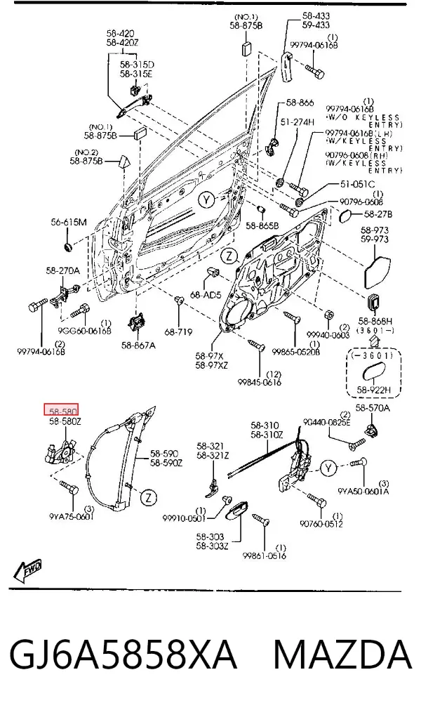 Двигун склопідіймача двері передньої, правої GJ6A5858XA Mazda