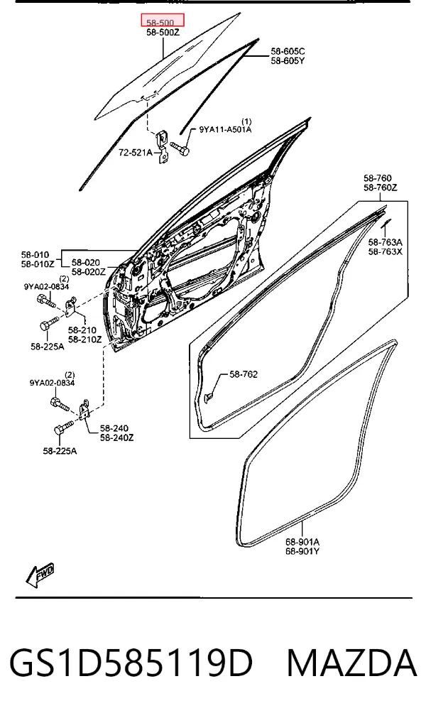 Скло передніх дверей, правою GS1D585119D Mazda