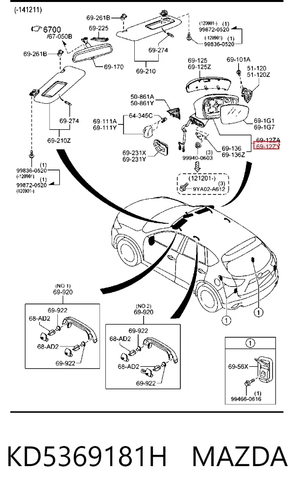 Ліве бокове дзеркало KD5369181H Mazda