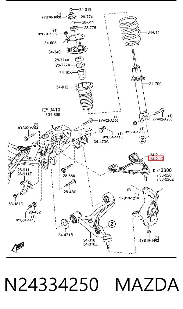 Важіль передньої підвіски верхній, лівий N24334250 Mazda
