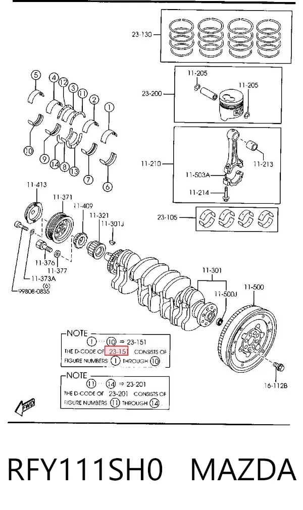 Вкладиші колінвала, корінні, комплект, 1-й ремонт (+0,25) RFY111SH0 Mazda