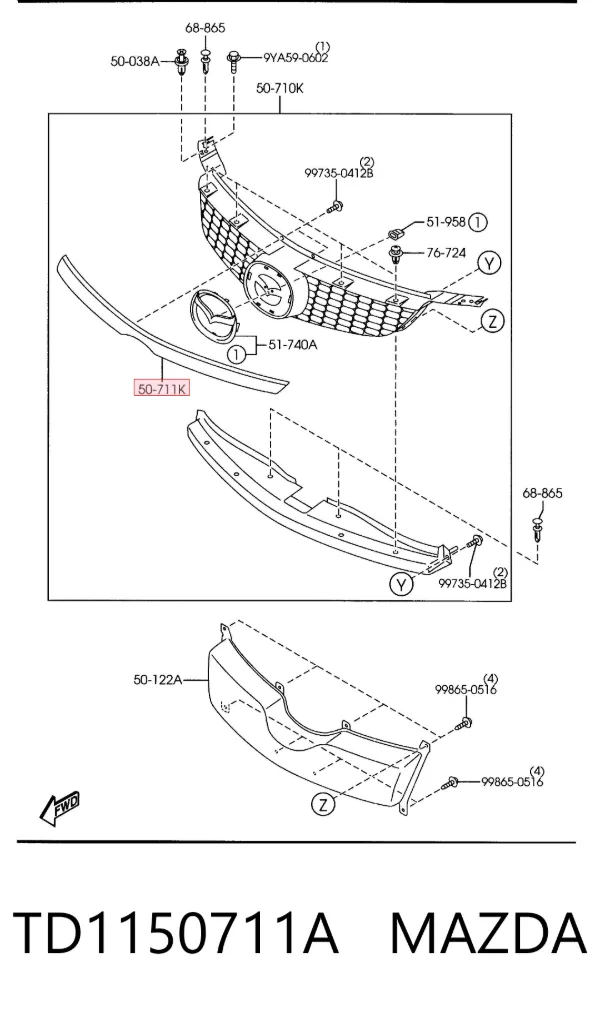 Молдинг решітки радіатора, верхній TD1150711A Mazda