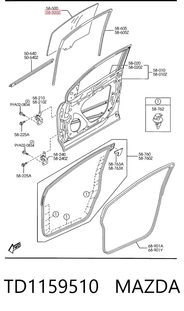 Скло передніх дверей, лівою TD1159510 Mazda