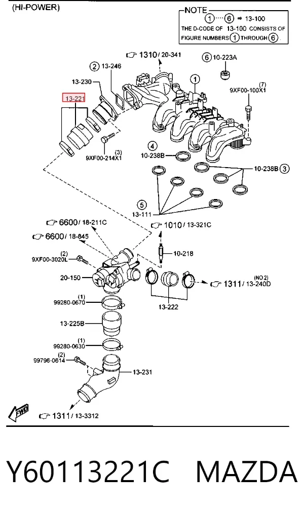 Патрубок повітряний, дросельної заслінки Y60113221C Mazda