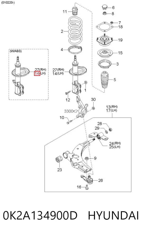 Амортизатора передній лівий 0K2A134900D Hyundai/Kia