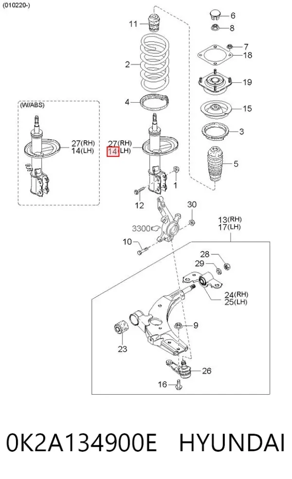 Амортизатора передній лівий 0K2A134900E Hyundai/Kia