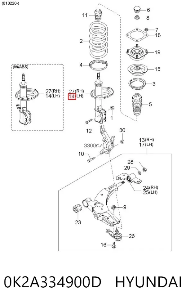 Амортизатора передній лівий 0K2A334900D Hyundai/Kia