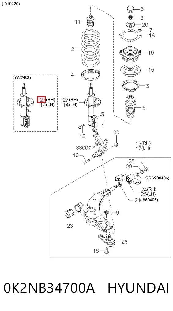 Амортизатор передній, правий 0K2NB34700A Hyundai/Kia