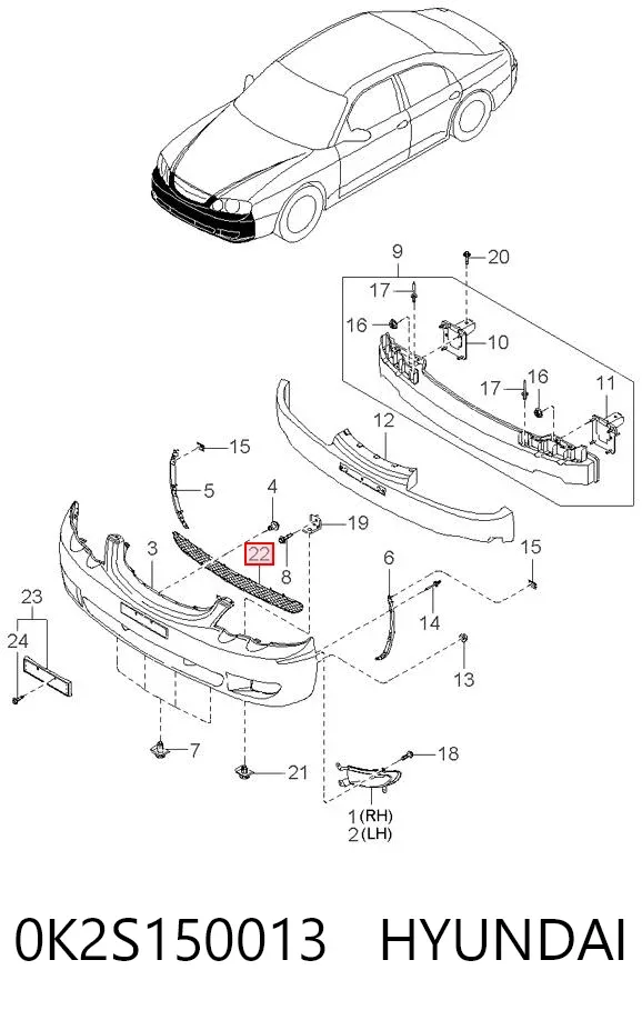 Решітка переднього бампера 0K2S150013 Hyundai/Kia