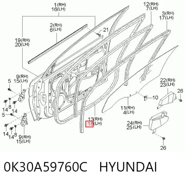 Ущільнювач двері передньої лівої (на двері) 0K30A59760C Hyundai/Kia