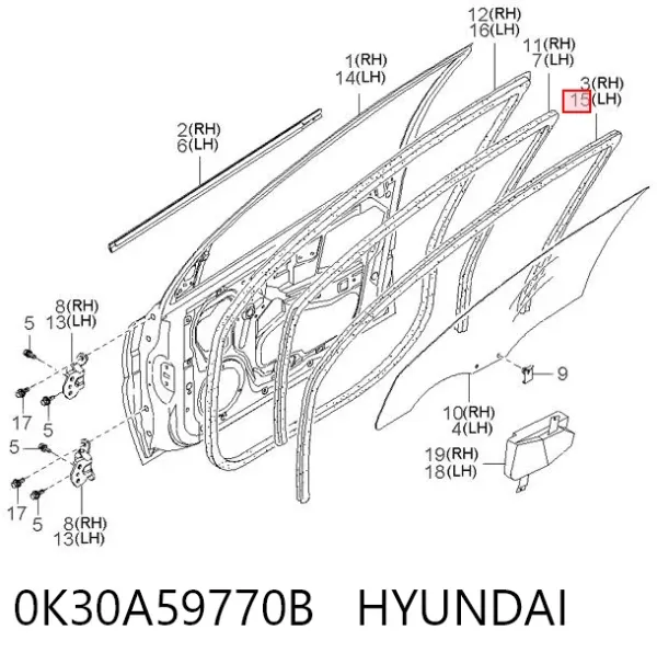 Ущільнювач двері передньої лівої (на кузові) 0K30A59770B Hyundai/Kia