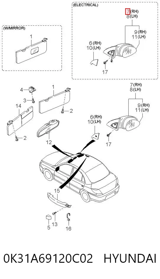 Дзеркало праве 0K31A69120C02 Hyundai/Kia