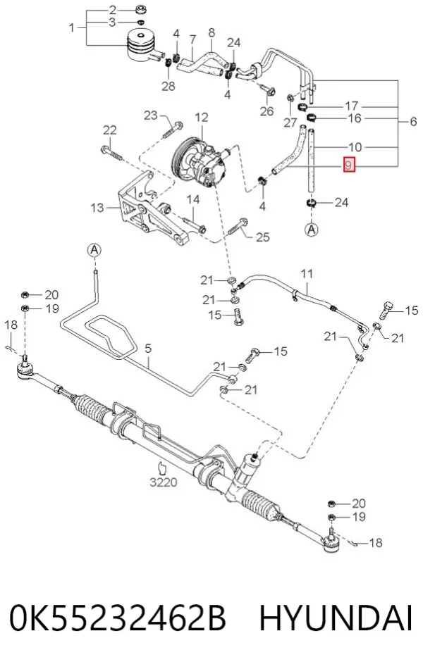 Шланг ГПК, низького тиску, від бачка до насосу 0K55232462B Hyundai/Kia