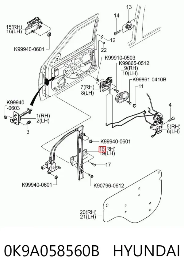Механізм склопідіймача двері передньої, правої 0K9A058560B Hyundai/Kia