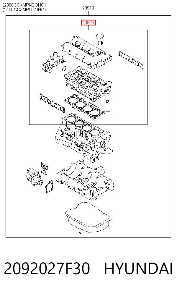 Комплект прокладок двигуна, верхній 2092027F30 Hyundai/Kia