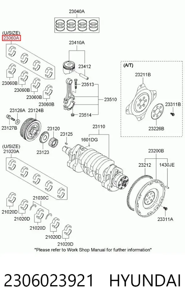 Вкладиші колінвала, шатунні, комплект, 1-й ремонт (+0,25) 2306023921 Hyundai/Kia