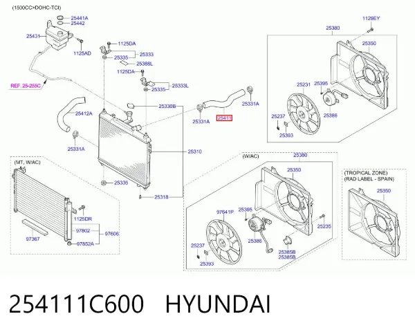 Шланг/патрубок радіатора охолодження, верхній 254111C600 Hyundai/Kia