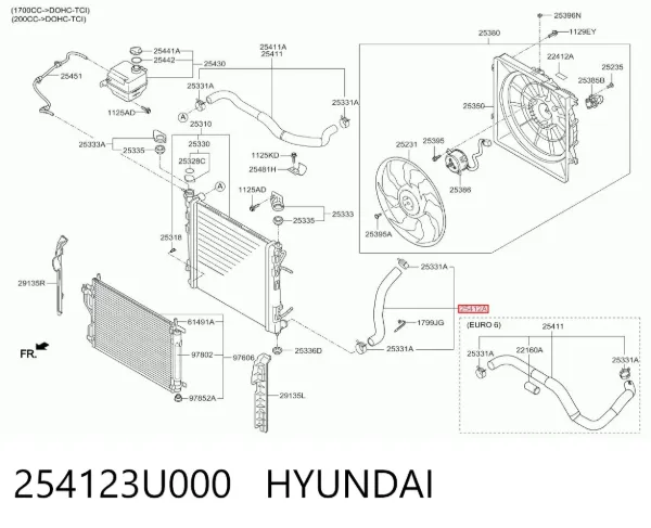 Шланг/патрубок радіатора охолодження, нижній 254123U000 Hyundai/Kia