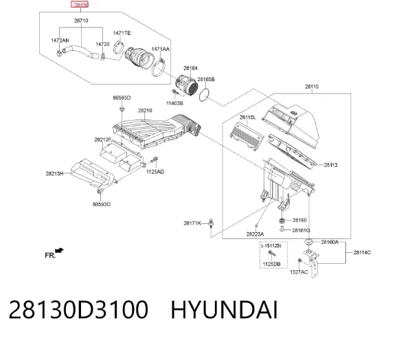 Патрубок повітряний, вихід повітряного фільтра 28130D3100 Hyundai/Kia