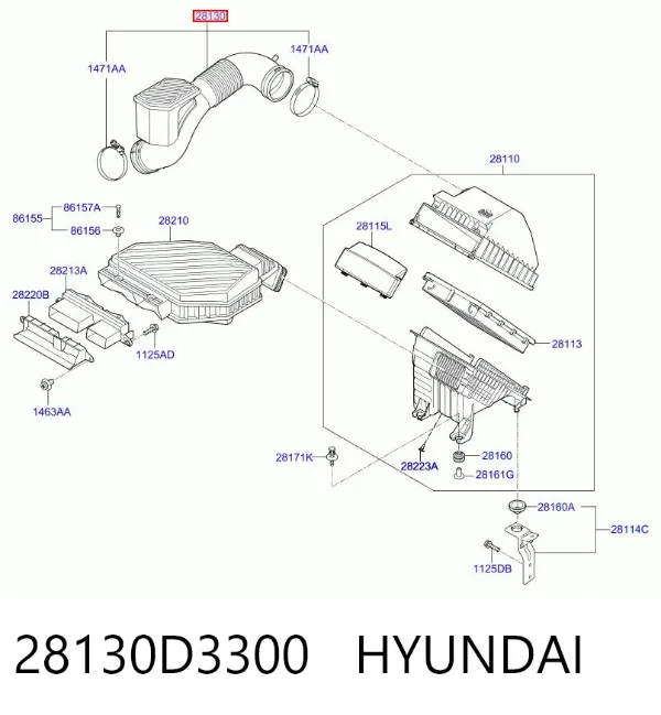 Патрубок повітряний, вихід повітряного фільтра 28130D3300 Hyundai/Kia