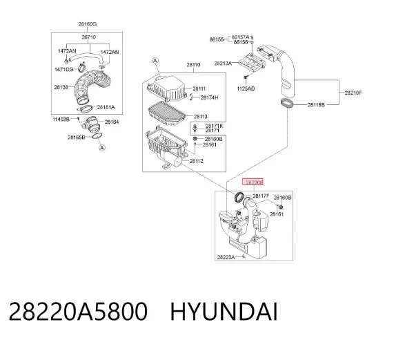 Патрубок повітряний, вхід повітряного фільтра 28220A5800 Hyundai/Kia