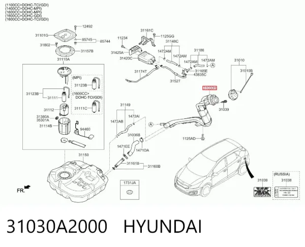 Шланг заливної горловини, паливного бака 31030A2000 Hyundai/Kia
