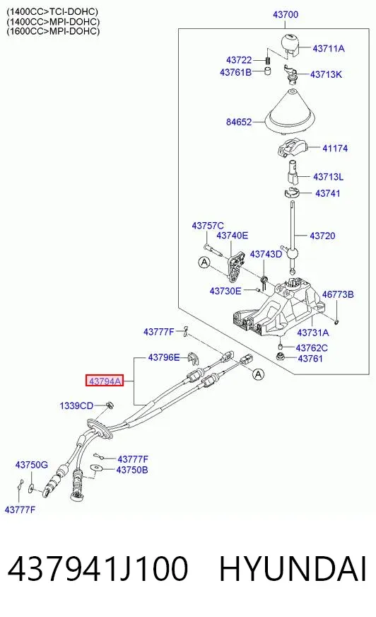 Трос перемикання передач, вибору передачі 437941J100 Hyundai/Kia