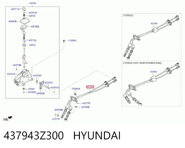 Трос перемикання передач, вибору передачі 437943Z300 Hyundai/Kia