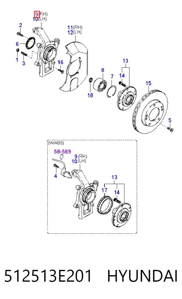 Цапфа - поворотний кулак передній, правий 512513E201 Hyundai/Kia