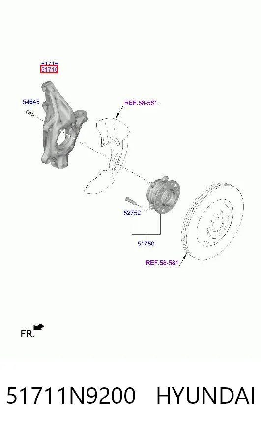 Цапфа - поворотний кулак передній, правий 51711N9200 Hyundai/Kia