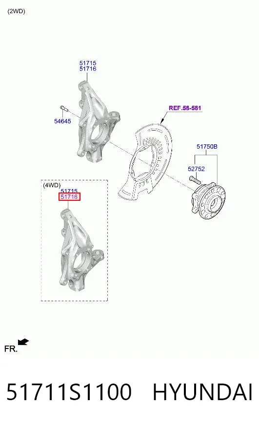 Цапфа - поворотний кулак передній, правий 51711S1100 Hyundai/Kia