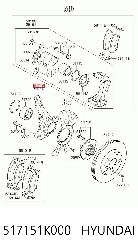 Цапфа - поворотний кулак передній, лівий 517151K000 Hyundai/Kia