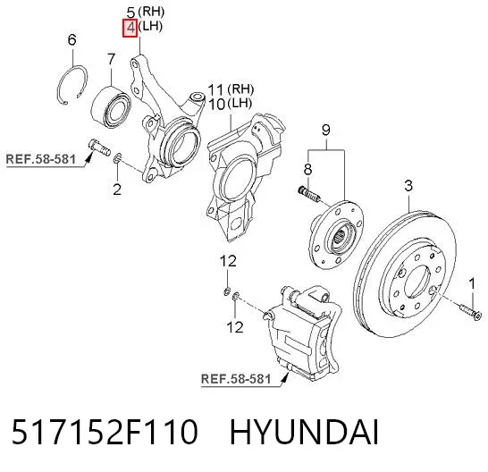 Цапфа - поворотний кулак передній, лівий 517152F110 Hyundai/Kia