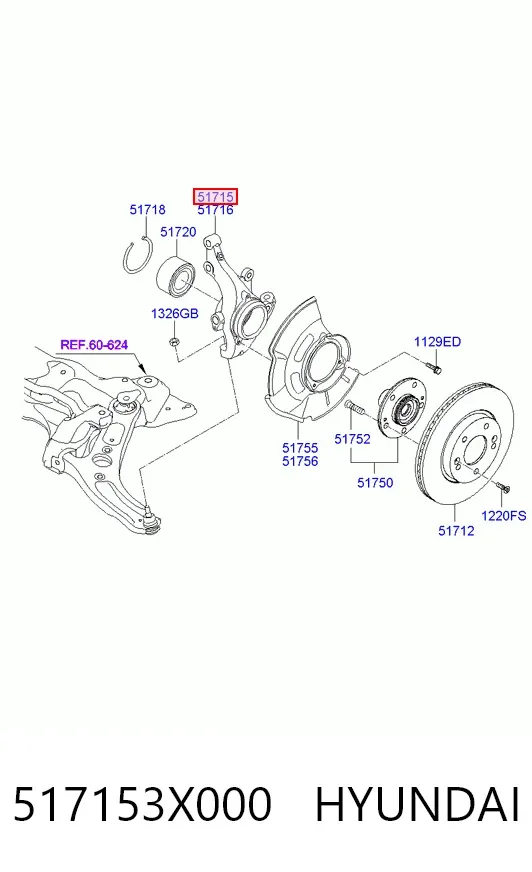 Цапфа - поворотний кулак передній, лівий 517153X000 Hyundai/Kia