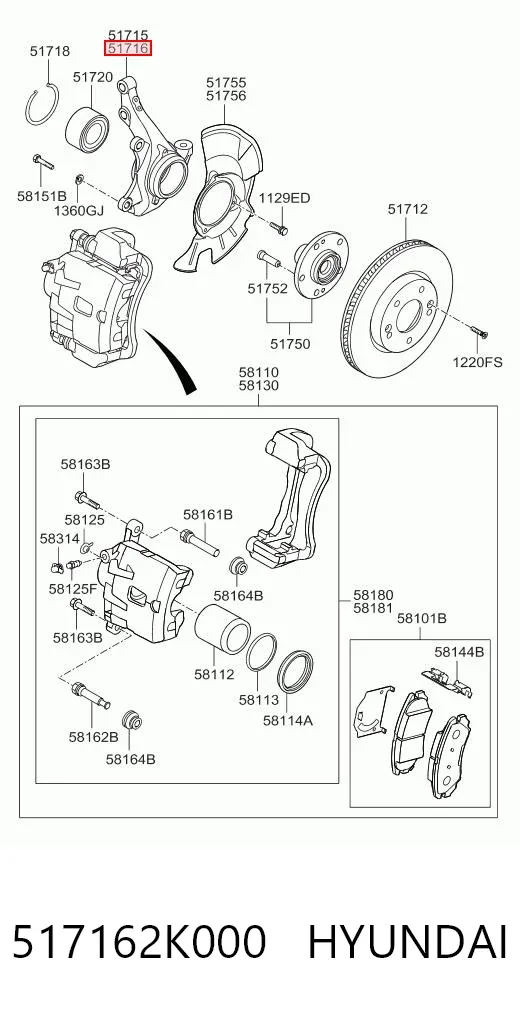 Цапфа - поворотний кулак передній, правий 517162K000 Hyundai/Kia