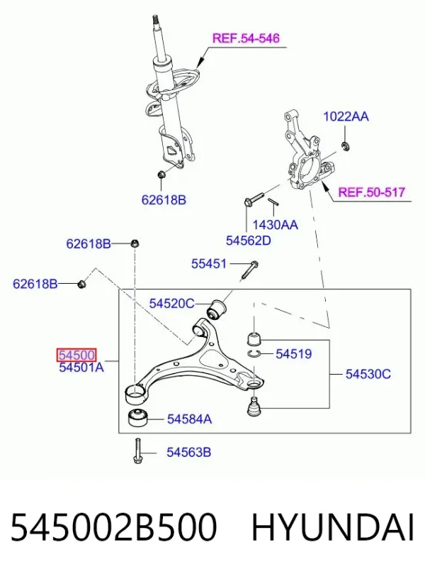 Важіль передньої підвіски нижній, лівий 545002B500 Hyundai/Kia