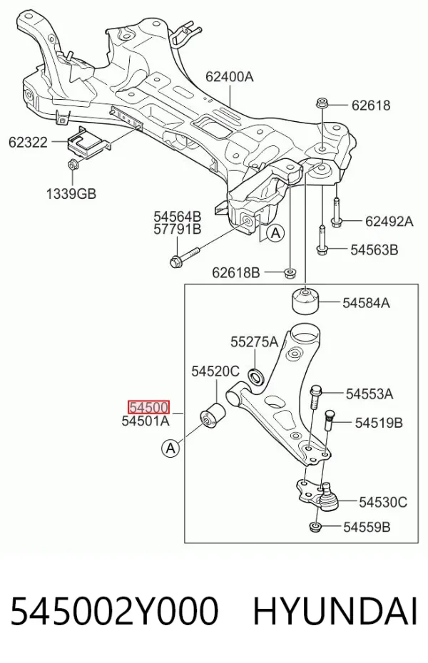 Важіль передньої підвіски нижній, лівий 545002Y000 Hyundai/Kia