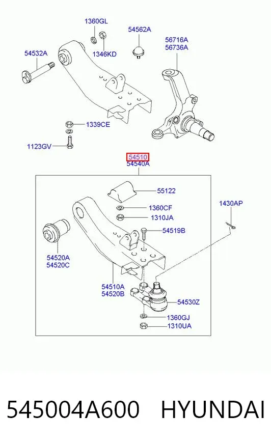 Важіль передньої підвіски нижній, лівий 545004A600 Hyundai/Kia