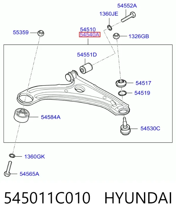 Важіль передньої підвіски нижній, правий 545011C010 Hyundai/Kia