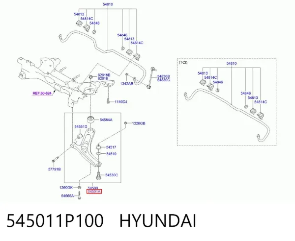 Важіль передньої підвіски нижній, правий 545011P100 Hyundai/Kia