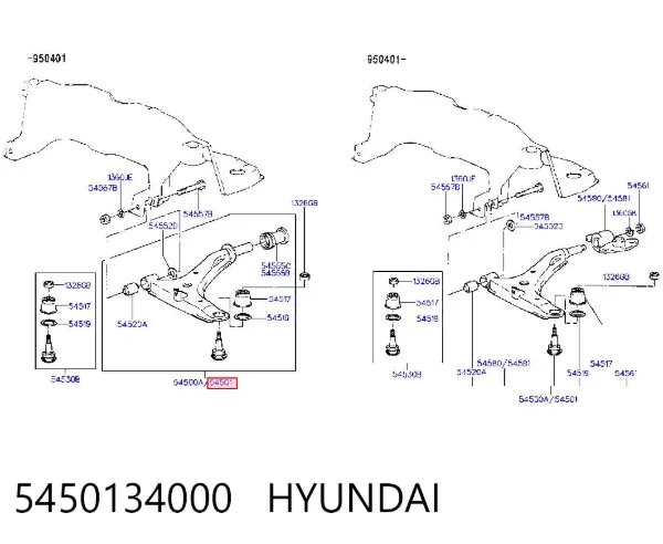 Важіль передньої підвіски нижній, правий 5450134000 Hyundai/Kia