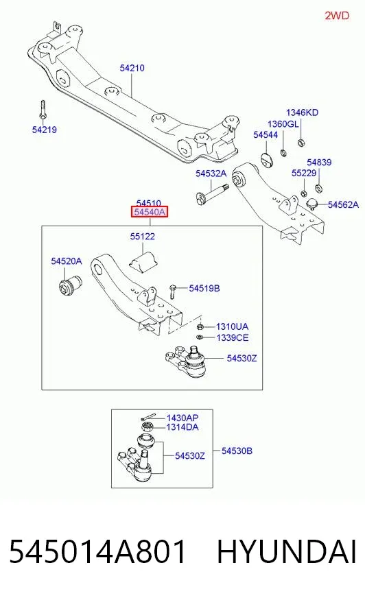 Важіль передньої підвіски нижній, правий 545014A801 Hyundai/Kia